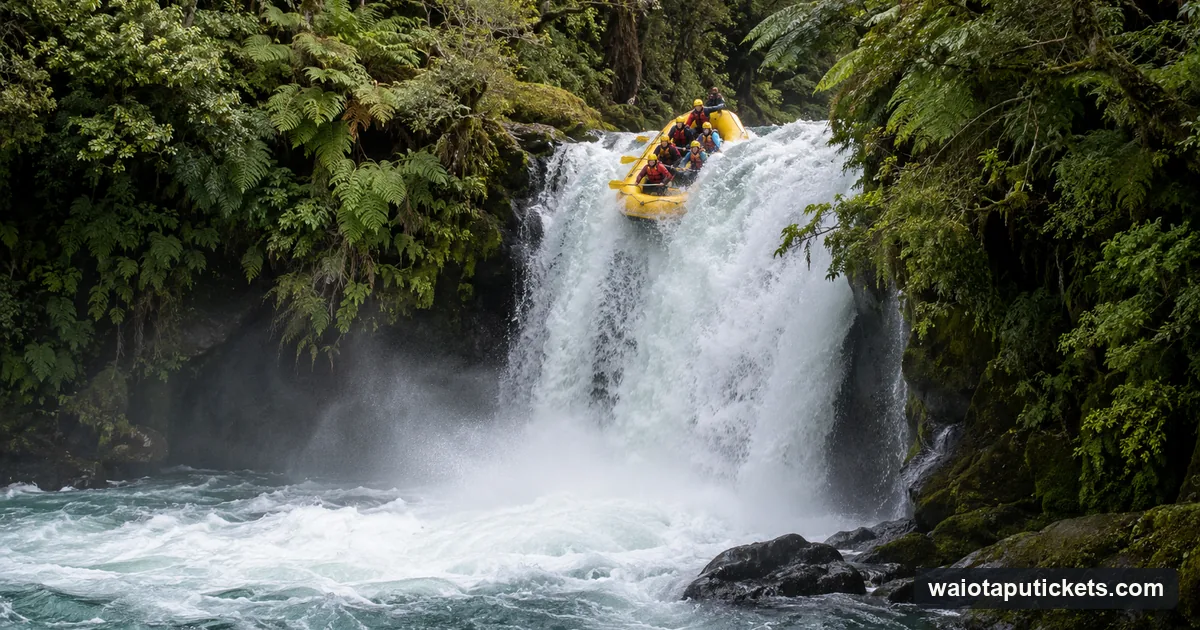 Illustration of a raft with a helmeted crew going over a waterfall in a bush-clad river gorge near Rotorua