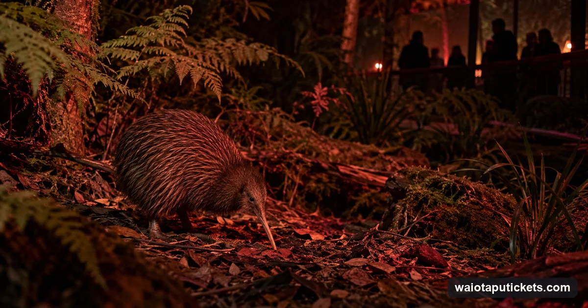 Illustration of a brown kiwi foraging in leaf litter in a dim nocturnal house, with visitors as silhouettes in the dark