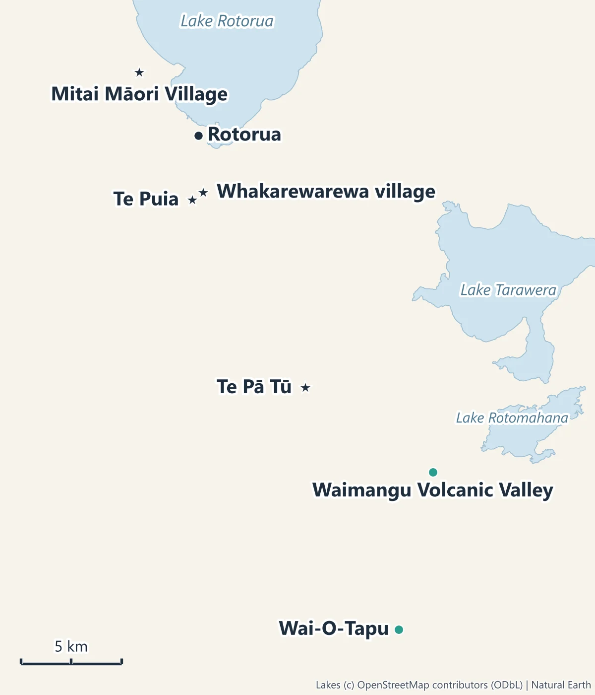 Map of Rotorua with Mitai Māori Village, Te Puia, Whakarewarewa village, Te Pā Tū, Waimangu Volcanic Valley and Wai-O-Tapu